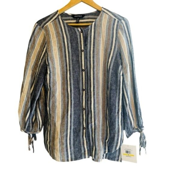 Ellen Tracy Womens Linen Blend Blue Striped 3/4 Sleeve Button Front Blouse Sz M - Picture 1 of 8